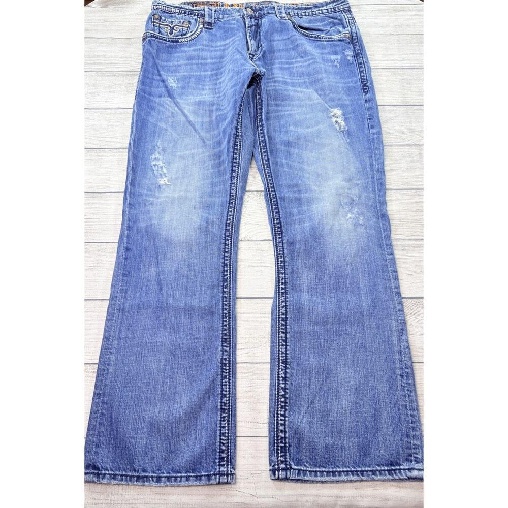 Rock Revival Mens Aiden Straight Distressed Blue Denim Jeans Size 40